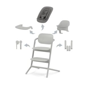 CYBEX Gold LEMO Hochstuhl 4in1-Set, Mitwachsend, 0 – 99 Jahre, Ab Geburt, Inkl. Bouncer Nest, Baby-Set, Snack Tray, Neugeboreneneinlage und Adapter-Set, Buchenholz/Aluminium/Kunststoff, Suede Grey