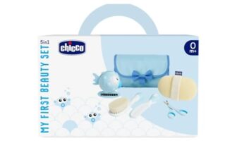 Chicco Baby-Badeset, Geschenkidee, Geschenkidee zur Geburt, mit Kamm, weicher Bürste, Thermometer, Waschlappen aus Frottee und einer Schere, Babyhygiene, Badeartikel, Hellblau