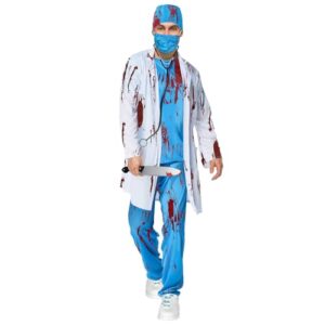 BNLIK Halloween Zombie Arzt Kostüm Herren: Doktor Kostüm Horror Karneval Chirurg Costume Erwachsene Set mit Arztkittel, Doktorhut, Arztmaske, Oberteil, Hose und Stethoskop (XXL)