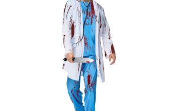 BNLIK Halloween Zombie Arzt Kostüm Herren: Doktor Kostüm Horror Karneval Chirurg Costume Erwachsene Set mit Arztkittel, Doktorhut, Arztmaske, Oberteil, Hose und Stethoskop (M)