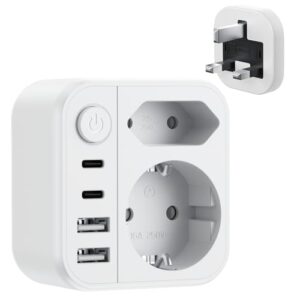 Dalimee Reiseadapter UK Typ G, 7 in 1 Adapter England Deutschland Stecker mit 2 AC Schuko (Typ C/E/F), 2*USB-C, 2*USB-A und Netzschalter, UK Adapter für EU zu England, Schottland, Irland, Dubai