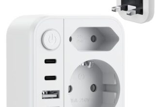 Dalimee Reiseadapter UK Typ G, 7 in 1 Adapter England Deutschland Stecker mit 2 AC Schuko (Typ C/E/F), 2*USB-C, 2*USB-A und Netzschalter, UK Adapter für EU zu England, Schottland, Irland, Dubai