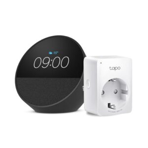 Echo Spot | Schwarz + TP-Link Tapo P110MA WLAN-Steckdose mit Energieverbrauchskontrolle, Funktionert mit Alexa – Smart Home-Einsteigerpaket