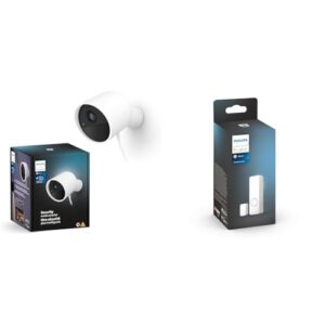Philips Hue Secure kabelgebundene Smart Home Überwachungskamera mit Standfuß, Full HD Video, Smart Home Security und Lichtsteuerung per App, weiß + Hue Secure Kontaktsensor für Türen und Fenster, weiß