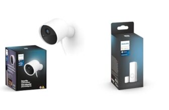 Philips Hue Secure kabelgebundene Smart Home Überwachungskamera mit Standfuß, Full HD Video, Smart Home Security und Lichtsteuerung per App, weiß + Hue Secure Kontaktsensor für Türen und Fenster, weiß