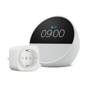Echo Spot | Weiß + Amazon Basics EU-Smart Plug, Funktionert mit Alexa – Smart Home-Einsteigerpaket