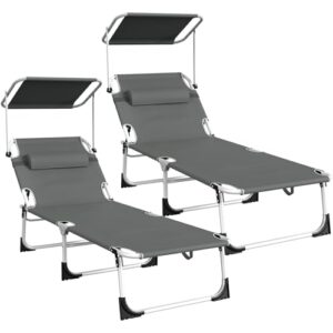 Lointain Sonnenliege Klappbar mit Dach 2er Set, Liegestuhl Aluminium Wetterfest 194 X 68 X 29 cm, Strandliege Gartenliege Klappliege Sonnenschutz mit Kopfkissen & Seitentasche, Anthrazit