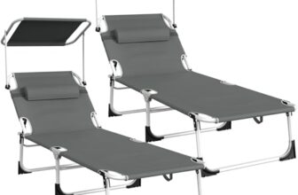 Lointain Sonnenliege Klappbar mit Dach 2er Set, Liegestuhl Aluminium Wetterfest 194 X 68 X 29 cm, Strandliege Gartenliege Klappliege Sonnenschutz mit Kopfkissen & Seitentasche, Anthrazit