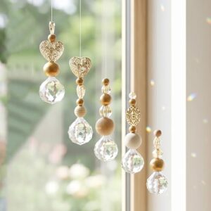 Susan’s Choice Kristall Sonnenfänger Fenster – 5er Set Suncatcher mit vergoldeten Acryl & Holzperlen, Boho Wanddeko für Garten & Zuhause – zum selber basteln