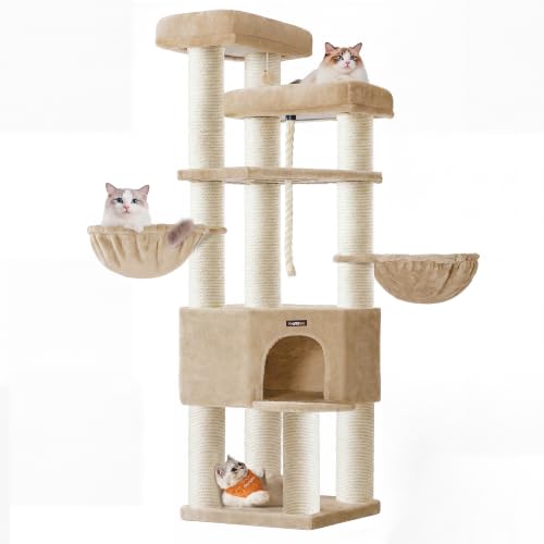 Feandrea Kratzbaum groß, mehrstöckiger Katzenbaum, XXL, 55 x 55 x 186,7 cm, 11 cm d Dicke Sisalstämme, für große Katzen wie Maine-Coon-Katze, Katzenkratzbaum, Kamelbraun PCT008K101