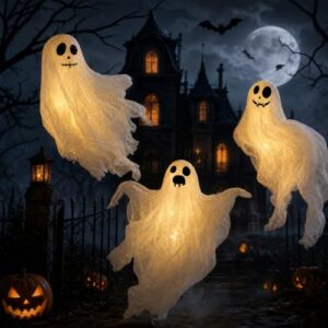 Efymosce 3 Stück Halloween Deko Outdoor Geist, Geister Windsack mit LED, Halloween Dekorationen Hängende für Outdoor, Vorgarten, Terrasse, Rasen, Garten, Partydekor