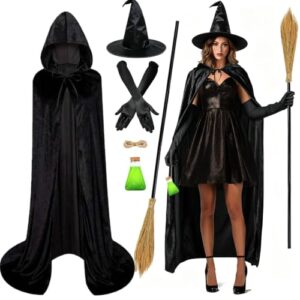 iZoeL Halloween Hexenkostüm Damen, Hexenhut Hexenumhang Hezenbesen