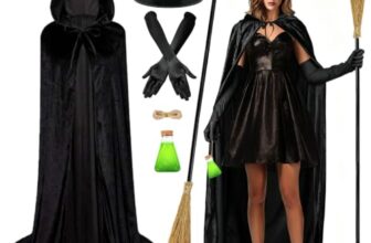 iZoeL Halloween Hexenkostüm Damen, Hexenhut Hexenumhang Hezenbesen