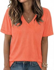 Aottori T Shirt Damen Elegant V-Ausschnitt Kurzarm Locker Orange L