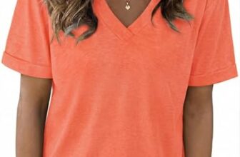Aottori T Shirt Damen Elegant V-Ausschnitt Kurzarm Locker Orange L