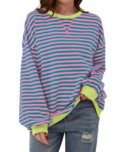 Chicrise Sweatshirt Damen Oversized Gestreifter Farbblock Langarmshirt Gestrickt RundAusschnitt Oberteile locker Rosa-grün Gestreift Groß 42-44