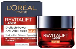 L’Oréal Paris Anti-Aging-Tagescreme LSF 25 mit Dreifachpower für Frauen: mildert Falten & strafft die Haut, mit Pro-Retinol, Hyaluronsäure und Vitamin C, RevitaLift Laser, 1x 50ml