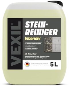 VEXIL Steinreiniger INTENSIV – 5L – mit AKTIV-CHLOR – vernichtet Moos, Algen, Flechten, Pilzbefall, Grünbelag & Grauschleier – für Terrasse, Pflaster, Beton & Naturstein