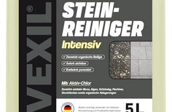 VEXIL Steinreiniger INTENSIV – 5L – mit AKTIV-CHLOR – vernichtet Moos, Algen, Flechten, Pilzbefall, Grünbelag & Grauschleier – für Terrasse, Pflaster, Beton & Naturstein