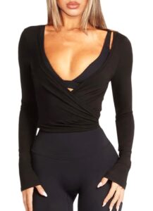 Navneet Damen Wickelshirt Sport Yoga Oberteil Langarm Eng Y2K Pilates Ballet Wrap Tops Bolero Herbst Kleidung Schwarz S