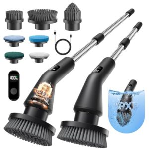 Leebein Elektrische Reinigungsbürste, Neues Spin Scrubber, IPX7 Wasserdichter und 7 Bürstenköpfen, Ausziehbarem Langem Griff und 2 Geschwindigkeiten, Schrubber für Badezimmer, Boden, Küche