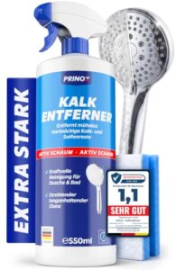 Kalkentferner Dusche EXTRA STARK [Set inkl. Schmutzradierer] – Profi Kalkreiniger mit Aktiv-Schaum & Abperleffekt gegen Kalk & Wasserflecken – Duschkabinen Reiniger für Glas, Armaturen & Fliesen