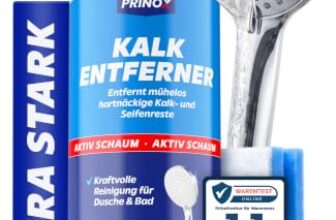 Kalkentferner Dusche EXTRA STARK [Set inkl. Schmutzradierer] – Profi Kalkreiniger mit Aktiv-Schaum & Abperleffekt gegen Kalk & Wasserflecken – Duschkabinen Reiniger für Glas, Armaturen & Fliesen