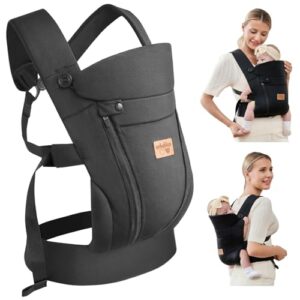 Babytrage für Neugeborene ab Geburt mit Verstellbarem Kopfstütze und Atmungsaktivem 3D-Netz, Leicht Verstellbare Babytrage Vorne für Neugeborene-4-15kg(Schwarz – mit Gürtel)