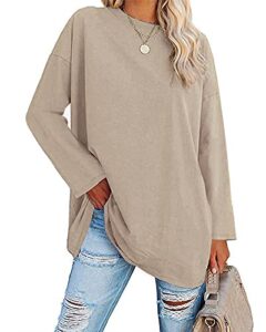 Ebifin Damen Langarmshirt Oversize Longshirt Rundhals,Khaki,XXL