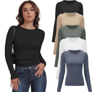 YOIOWVY Langarmshirt Damen Basic-Shirts Figurbetont Rundhals Tees 5Pcs