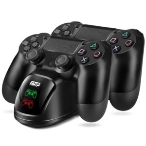 TNP PS4 Controller-Ladestation, PS4 Aufladestation, Ladegerät für Sony-PlayStation-4-Original-DualShock-4-Wireless-Controller, mit USB-Ladekabel und LED Anzeige, Passend für PS4 Pro/Slim, Schwarz