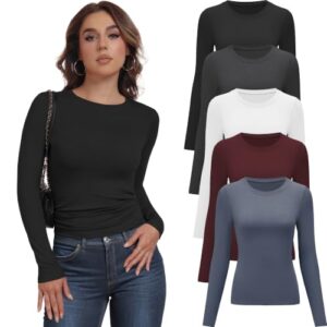 YOIOWVY Langarmshirt Damen Basic-Shirts Figurbetont Rundhals Tees 5Pcs
