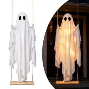 Alnaurly Halloween Hängender Schaukelgeist, 150cm Swinging Ghost mit Fernbedienung & Led, Halloween-Dekoration für den Außenbereich Geeignet für Garten, Terrasse, Innenhof, Veranda, Festlichkeiten
