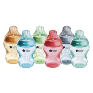 Tommee Tippee – Natural Start Anti-Kolik-Babyflasche 260ml, brustähnl. Sauger, Anti-Kolikventil, selbst steril., Zubehör, farbenfreudig, 6er-Pack