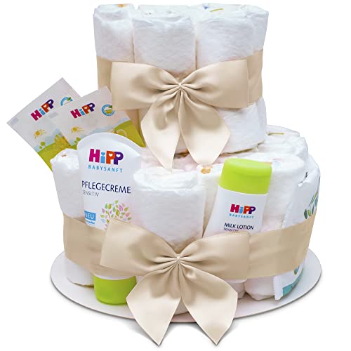 MilaBoo® 2-stöckige Windeltorte neutral mit Premiumprodukten I Besonderes Geschenk zur Geburt I Persönliches Babygeschenk zur Taufe und Babyparty (beige)