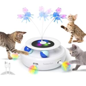 GoldenSun 3 in 1 Interaktives Katzenspielzeug, Elektrisch Automatischer Spielzeug für Katzen, Whack-A-Mole, Fluttering Butterfly, inklusive Ball, USB Wiederaufladbar Katzen Teaser mit 4 Aufsätzen