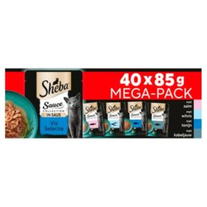 Sheba Sauce Collection Frischhaltebeutel, Nassfutter, Fischauswahl für ausgewachsene Katzen, 4 Sorten, 40 x 85 g