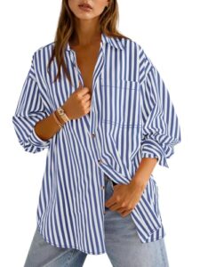 Cicy Bell Damen Oversized Bluse Gestreifte Langarmshirts Blau XL