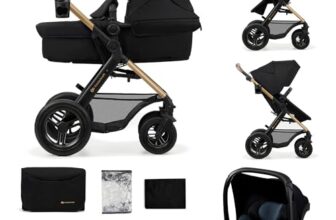 Kinderkraft MOOV2 AIR Kinderwagen 3 in 1 Kinderwagenset bis 26 kg mit Kindersitz I-SIZE 40-75 cm, Buggy Funktion, Liegeposition verstellbar, Große ausziehbare Verdeck, Aufblasbare Räder, Schwarz