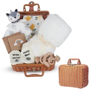 RNPKZ 7 in 1 Neugeborenen Geschenkkorb, Baby Geschenkset Geburt mit Korb, Dreieckstuch, Grußkarte, Socken, Plüschtier, Badetuch, Rassel, Baby Geschenke zur Geburt, Geschenkkorb mit den besten Wünschen