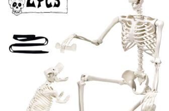165cm Halloween Bewegliches Skelett mit Hund, Ganzkörper Hunde Lebensgroßes Skelett Realistische Menschliche Skelette mit beweglichen Gelenken für Halloween Outdoor Party Dekoration