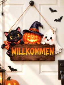 Halloween Deko Türschild aus Holz, Willkommen, beidseitig bedruckt