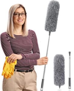Staubwedel Teleskop Waschbar,Staubwischer lang ausziehbar bis 2,45m,staubwedel mit teleskopstange und Biegbar,Spinnwebenbesen für hohe Decken Deckenventilator spinnenweben Eckbesen Grau