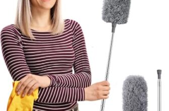 Staubwedel Teleskop Waschbar，Staubwischer lang ausziehbar bis 2,45m，staubwedel mit teleskopstange und Biegbar，Spinnwebenbesen für hohe Decken Deckenventilator spinnenweben Eckbesen Grau