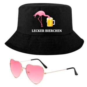Scinzene Fischerhut Lustig Lecker Bierchen Set mit Herz Sonnenbrille – Mallorca Party Outfit Damen Herren, Malle Accessoires Sommer Urlaub, Mallorca Accessoires Festival Hut Flamingo Design