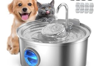 Invengo Katzenbrunnen Edelstahl, 3.2L Ultra-Leiser Trinkbrunnen für Katze mit Wasserstandsanzeige und 5-Fach Filtersystem – Haustierbrunnen für Katzen und Kleine Hunde, Inklusive 4 Ersatzfiltern