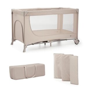 Kinderkraft Joy 2 Kinderbett, 2 in 1 Kinderreisebett, Babybetten, Kinderbett, Reisebett, Modernes Design, Kleine Abmessungen nach Zusammenklappe, Räder, Beige