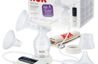 NUK Soft & Easy elektrische Milchpumpe | Brustaufsätze aus 100 % Silikon | Klein, leicht und leise | Akku für unterwegs | Brustaufsätze 24 mm & 27 mm | 1x Perfect Match Babyflasche