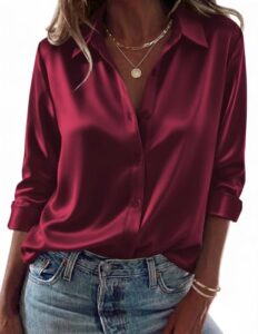 Damen Satin Bluse Elegant Satinblusen Langarm Shirts Party Outfits Weinrot