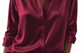 Damen Satin Bluse Elegant Satinblusen Langarm Shirts Party Outfits Weinrot
